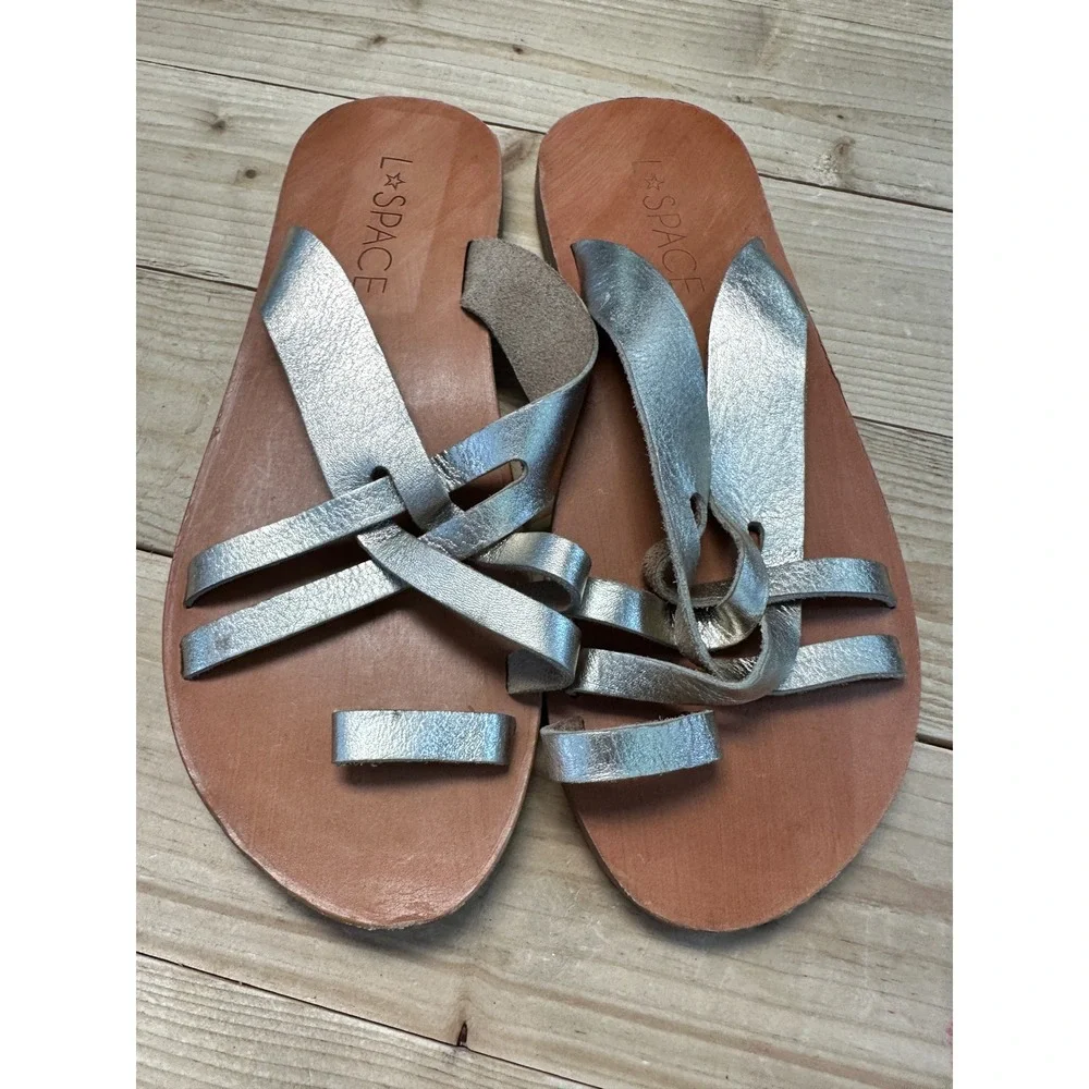 L*Space Womens Silver Leather Toe Loop Thong Flat‎ Sandals EU 37 6.5